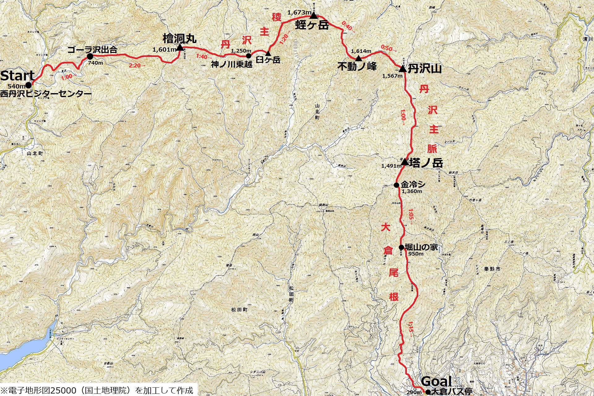 丹沢主稜縦走のコースマップ