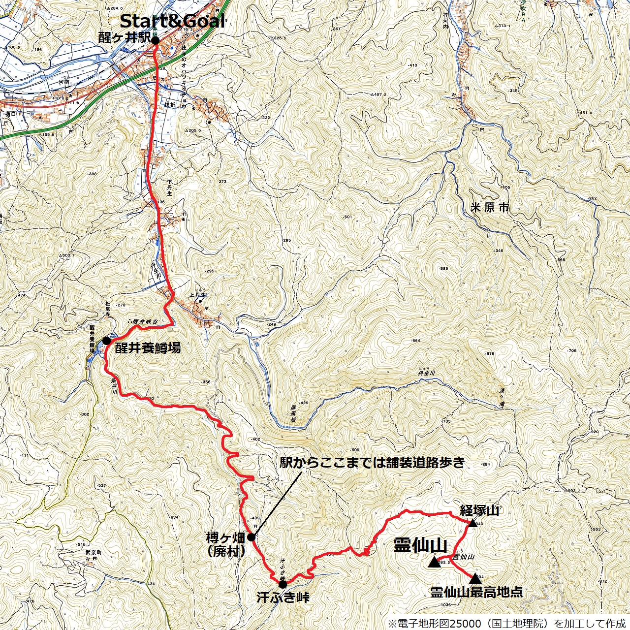 醒ヶ井駅から霊仙山までのコースマップ