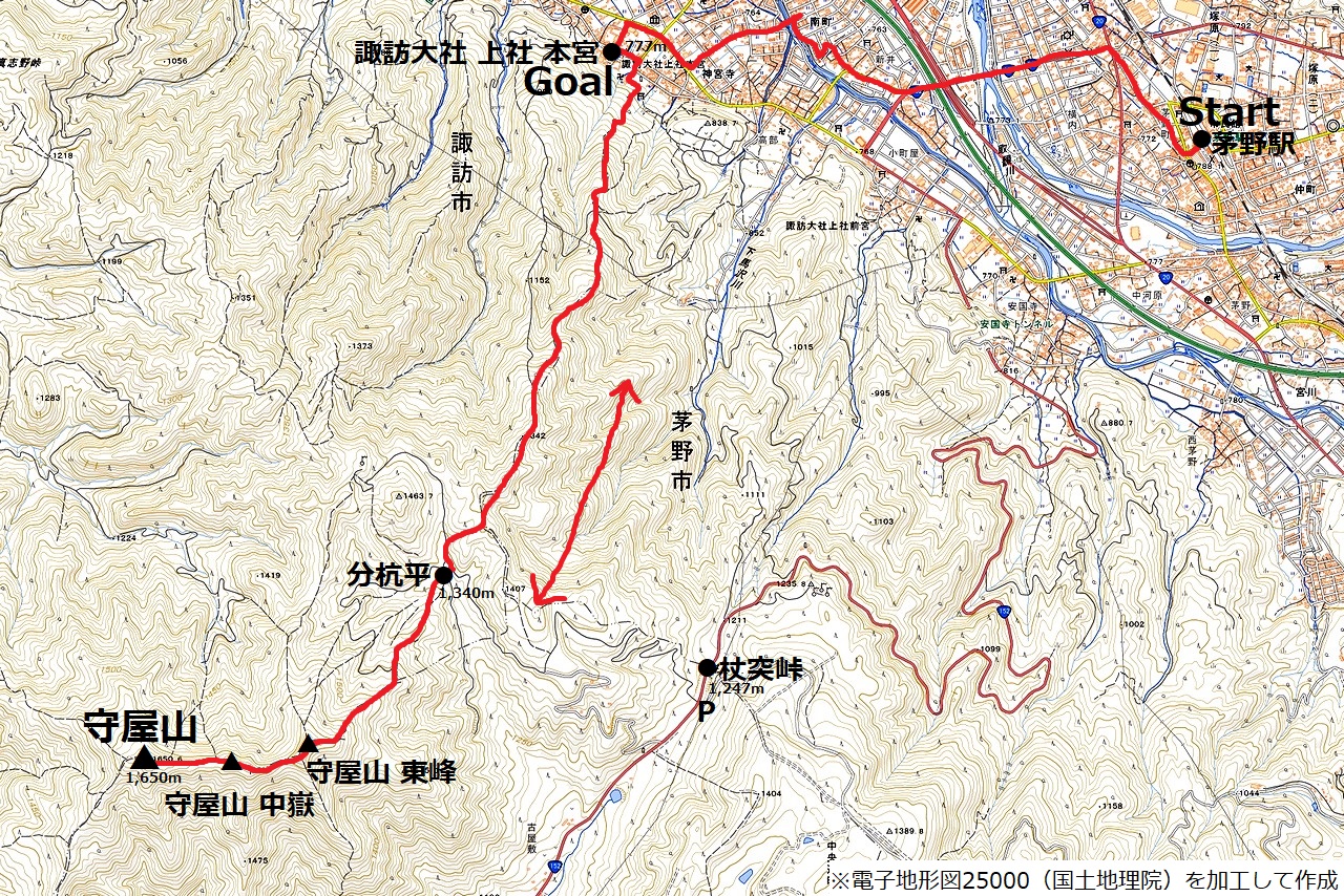 守屋山諏訪大社ルートのコースマップ
