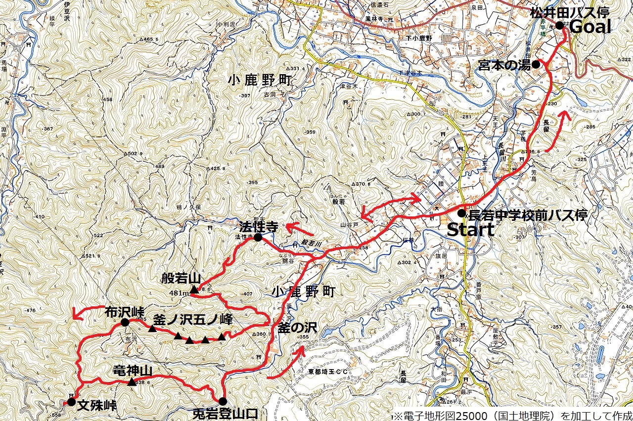 般若山と釜ノ沢五峰のコースマップ