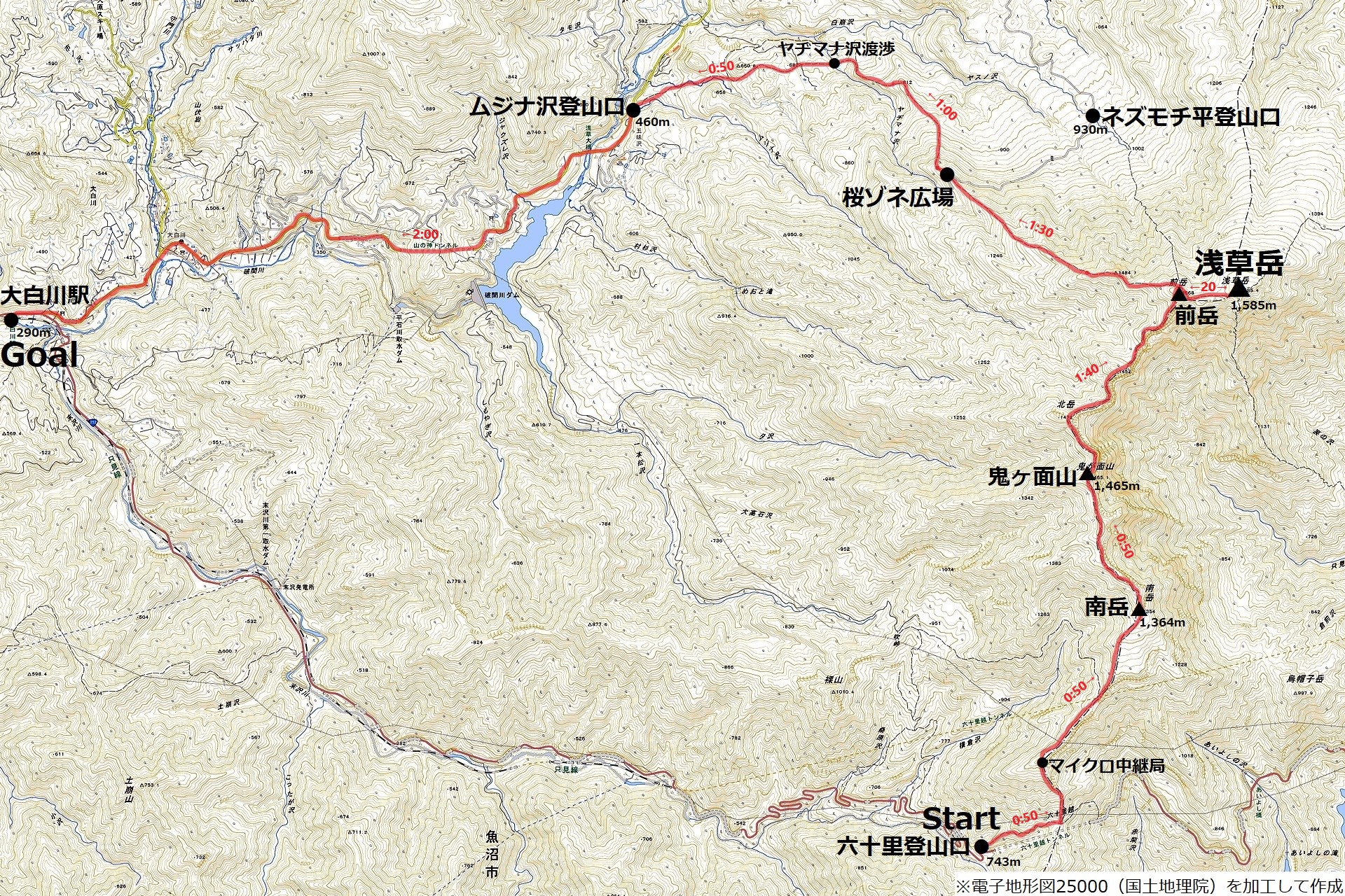 浅草岳のコースマップ