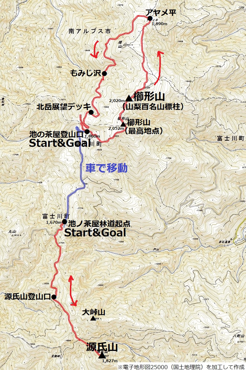 源氏山と櫛形山のコースマップ