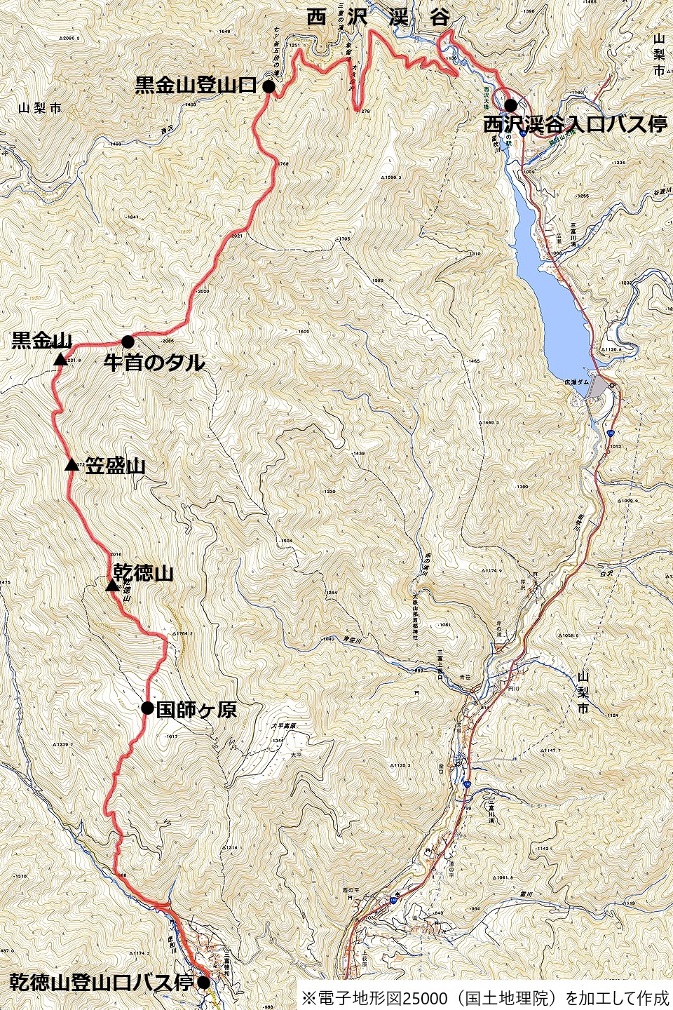 乾徳山から黒金山縦走のコースマップ