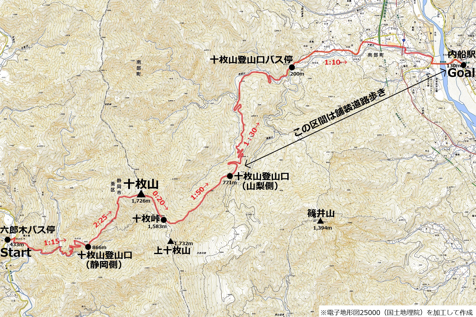 十枚山　六郎木－内船駅横断のコースマップ
