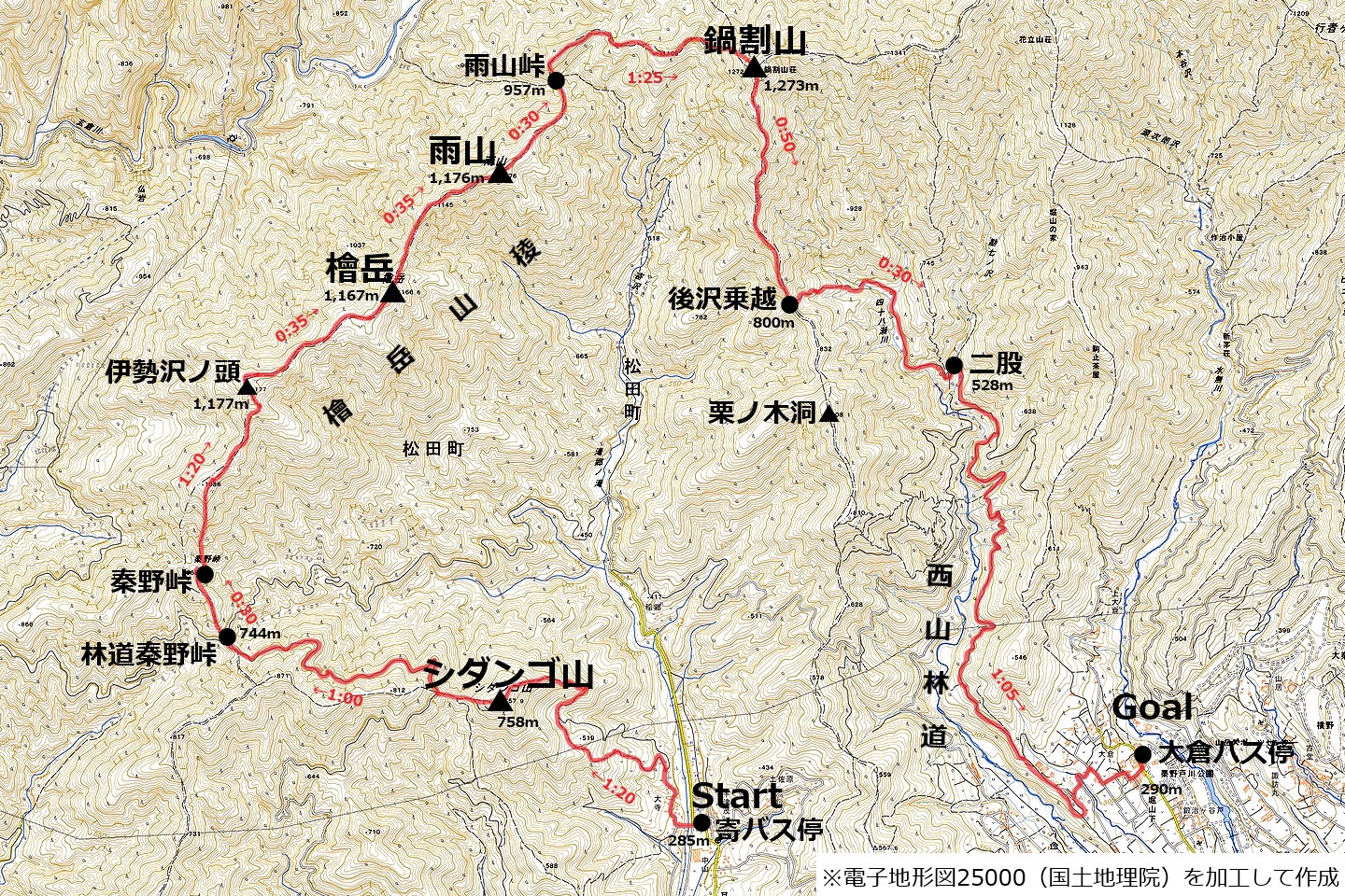 檜岳山稜のコースマップ