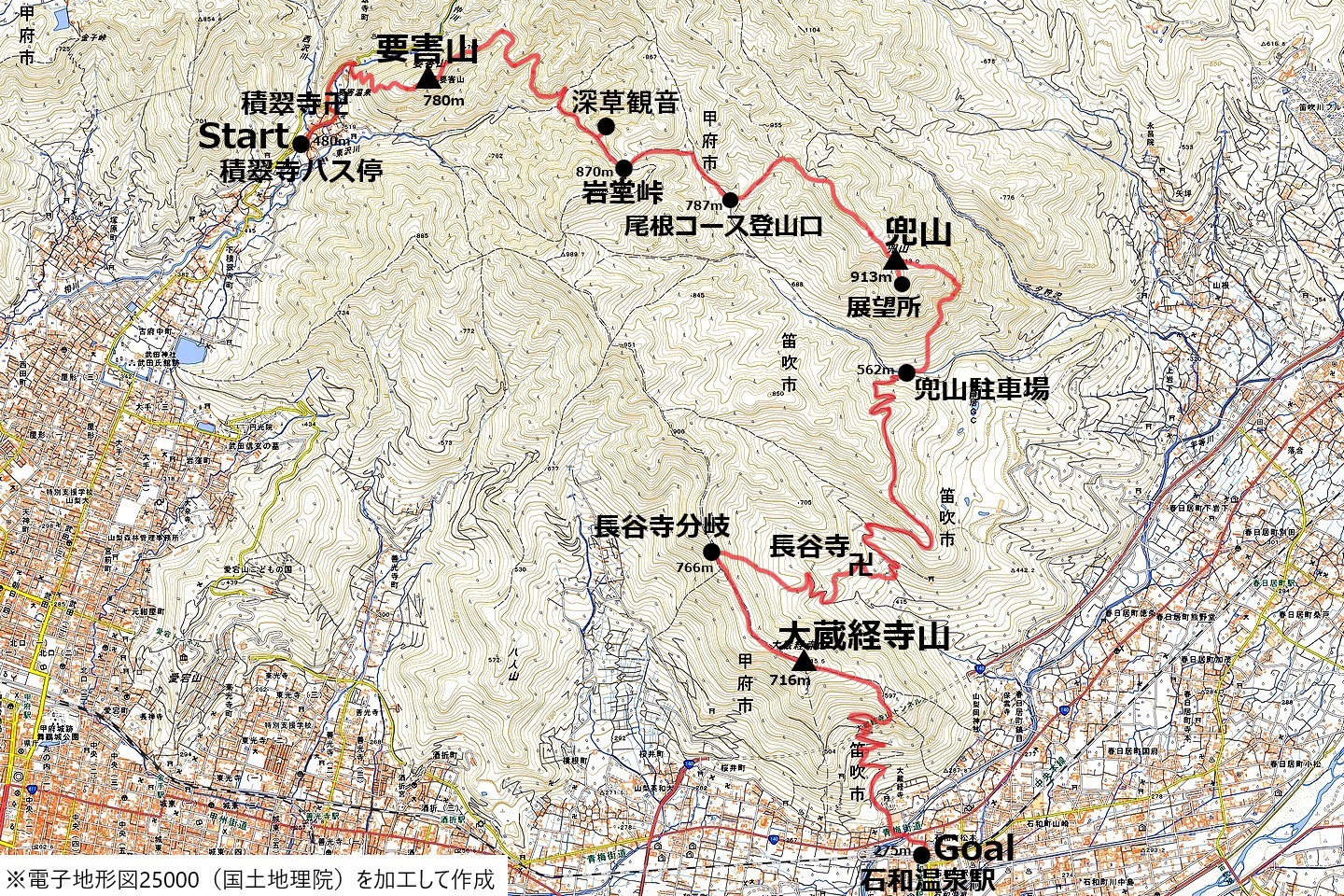 要害山、兜山および大蔵経寺山縦走のコースマップ
