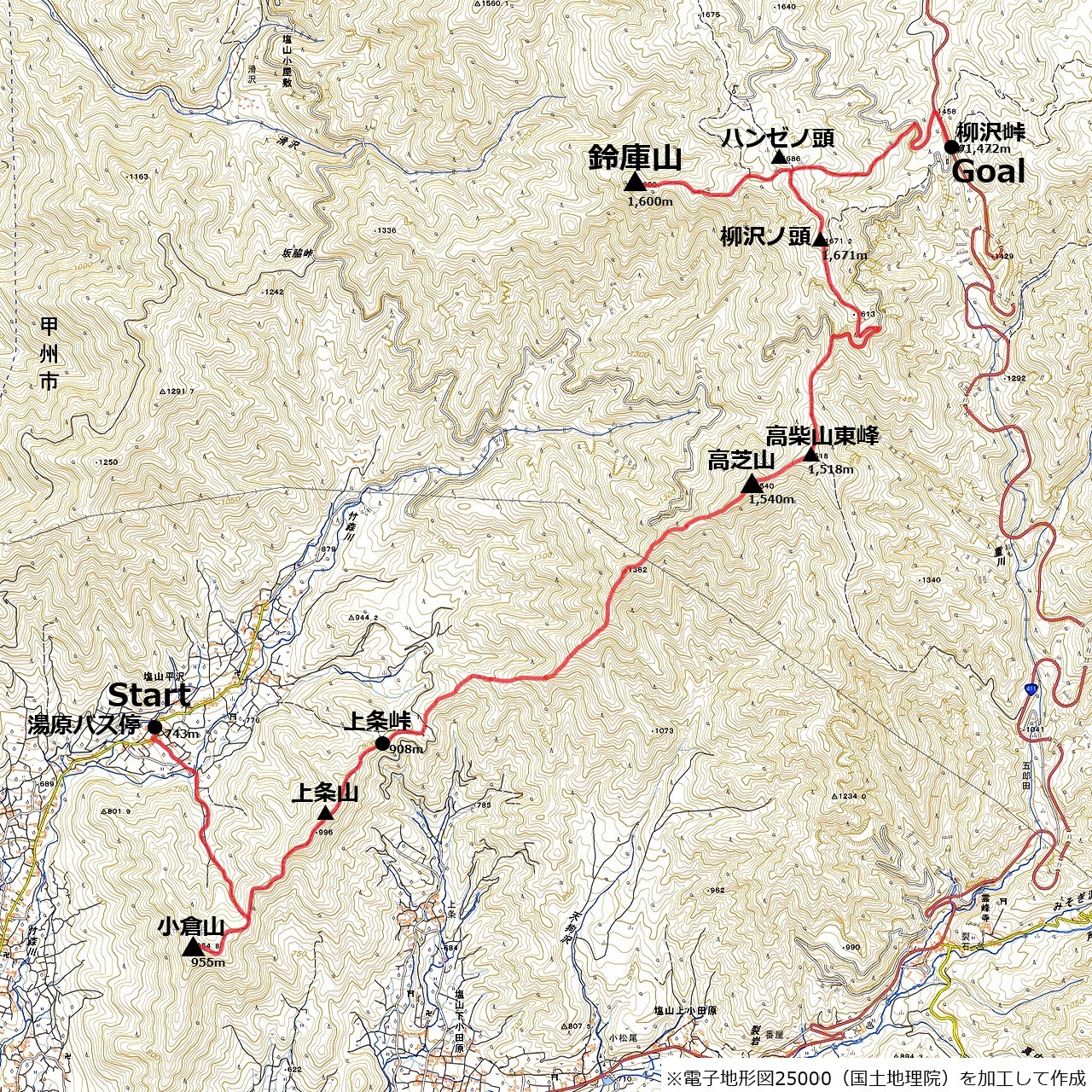 小倉山、高芝山を経て鈴庫山に至るコースマップ