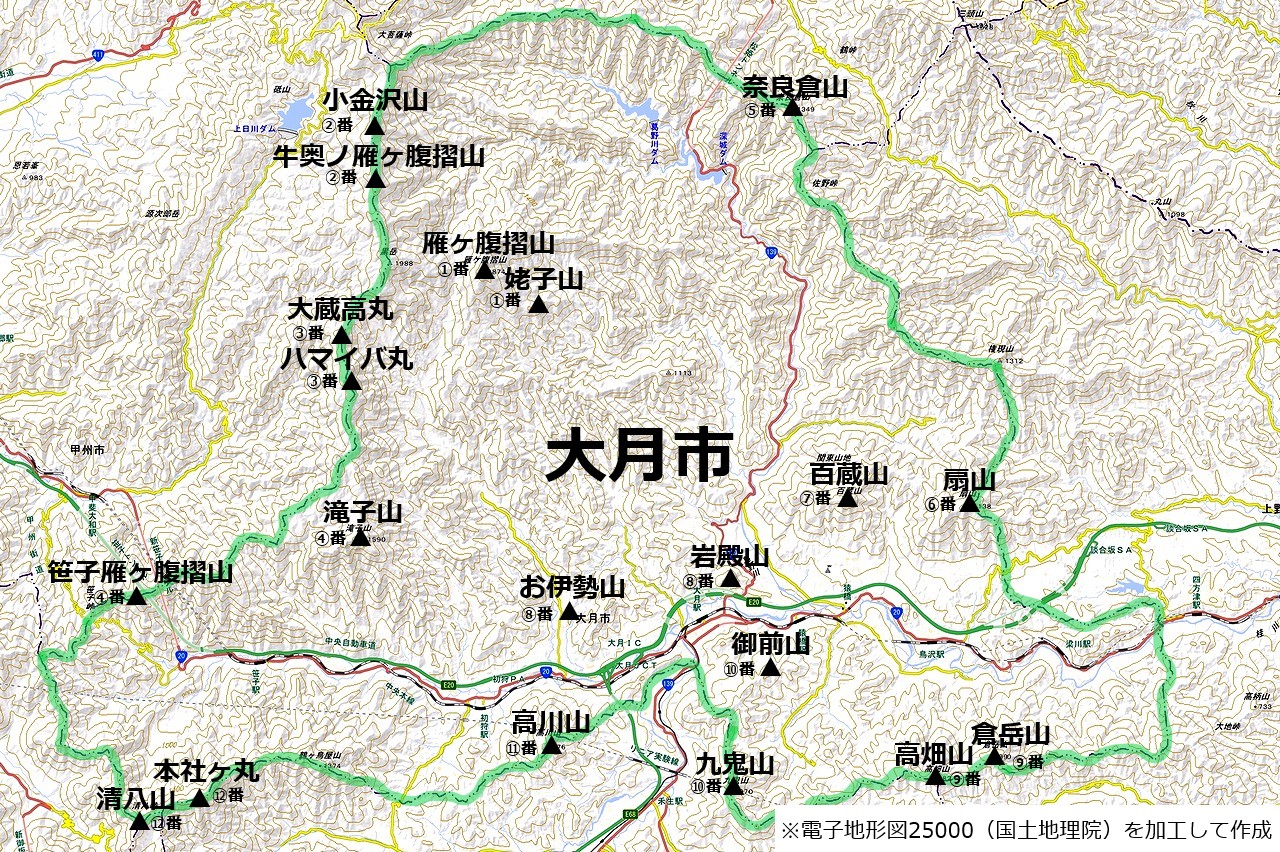 秀麗富嶽十二景の位置を示した地図