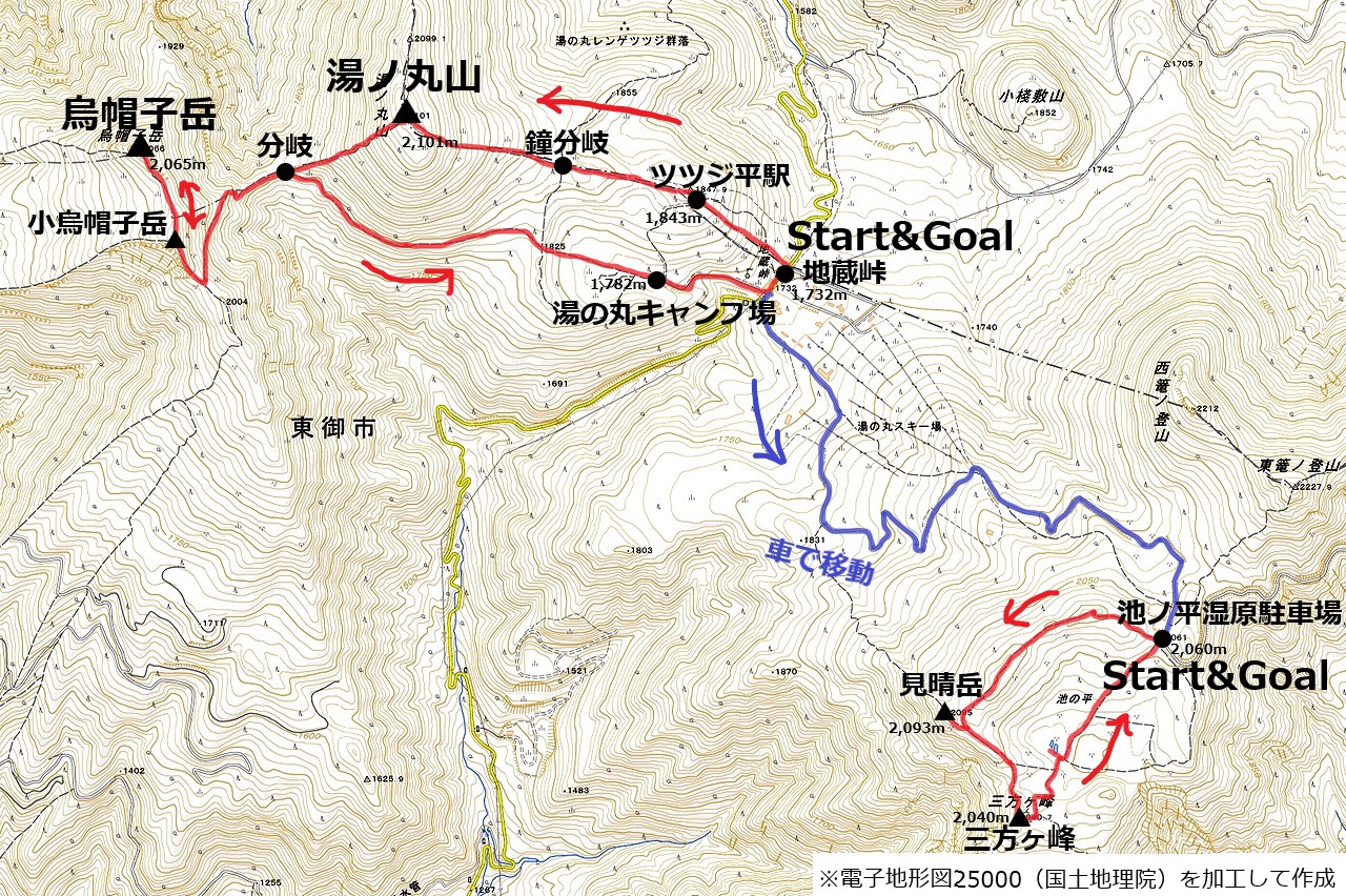 湯ノ丸山から烏帽子岳コースマップ
