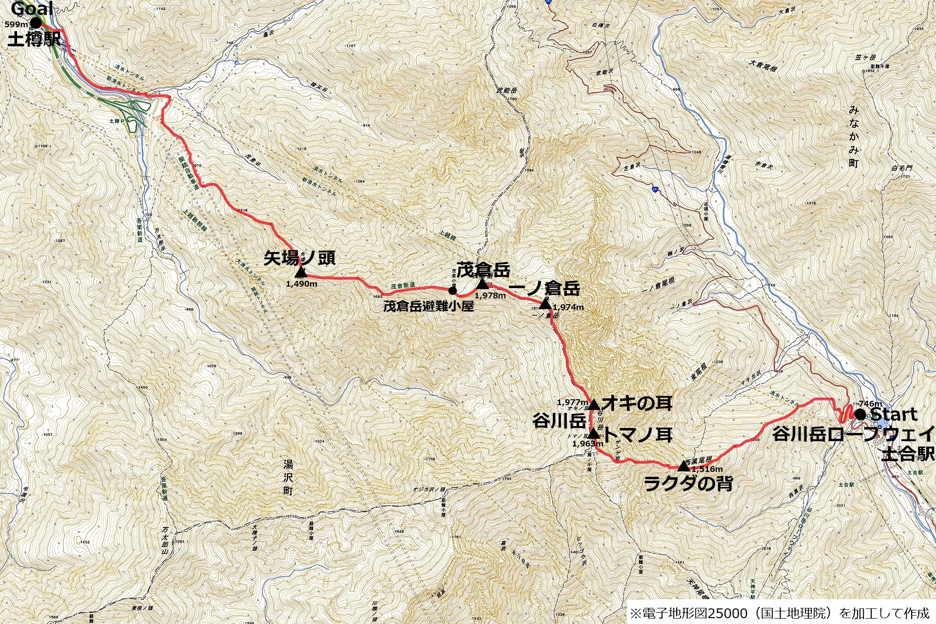 谷川岳から茂倉岳の縦走コースマップ