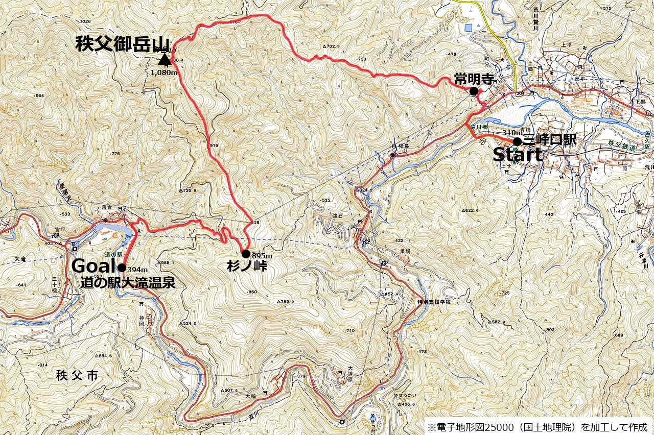 駅から歩く秩父御岳山のコースマップ