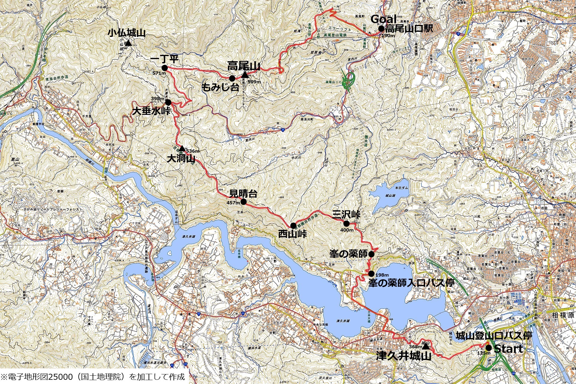 津久井城山から南高尾山稜のコースマップ