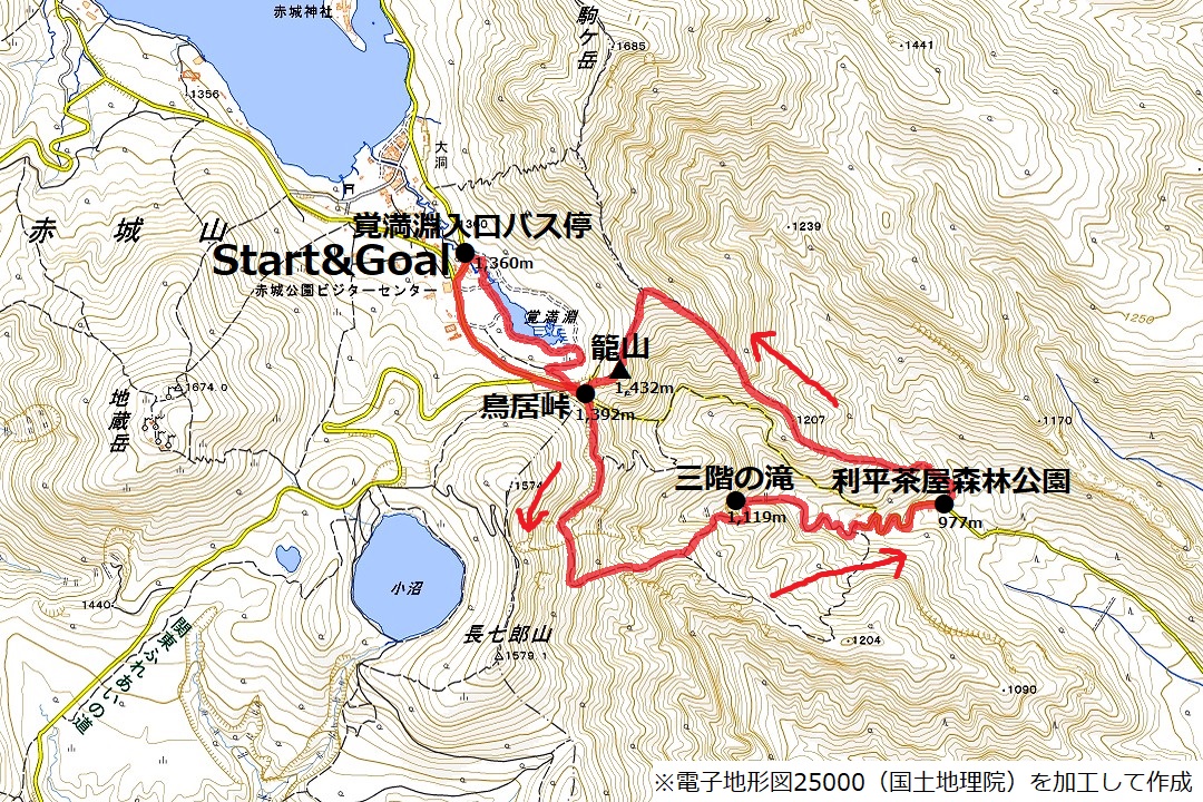 赤城山 篭山アカヤシオ群生地周回のコースマップ
