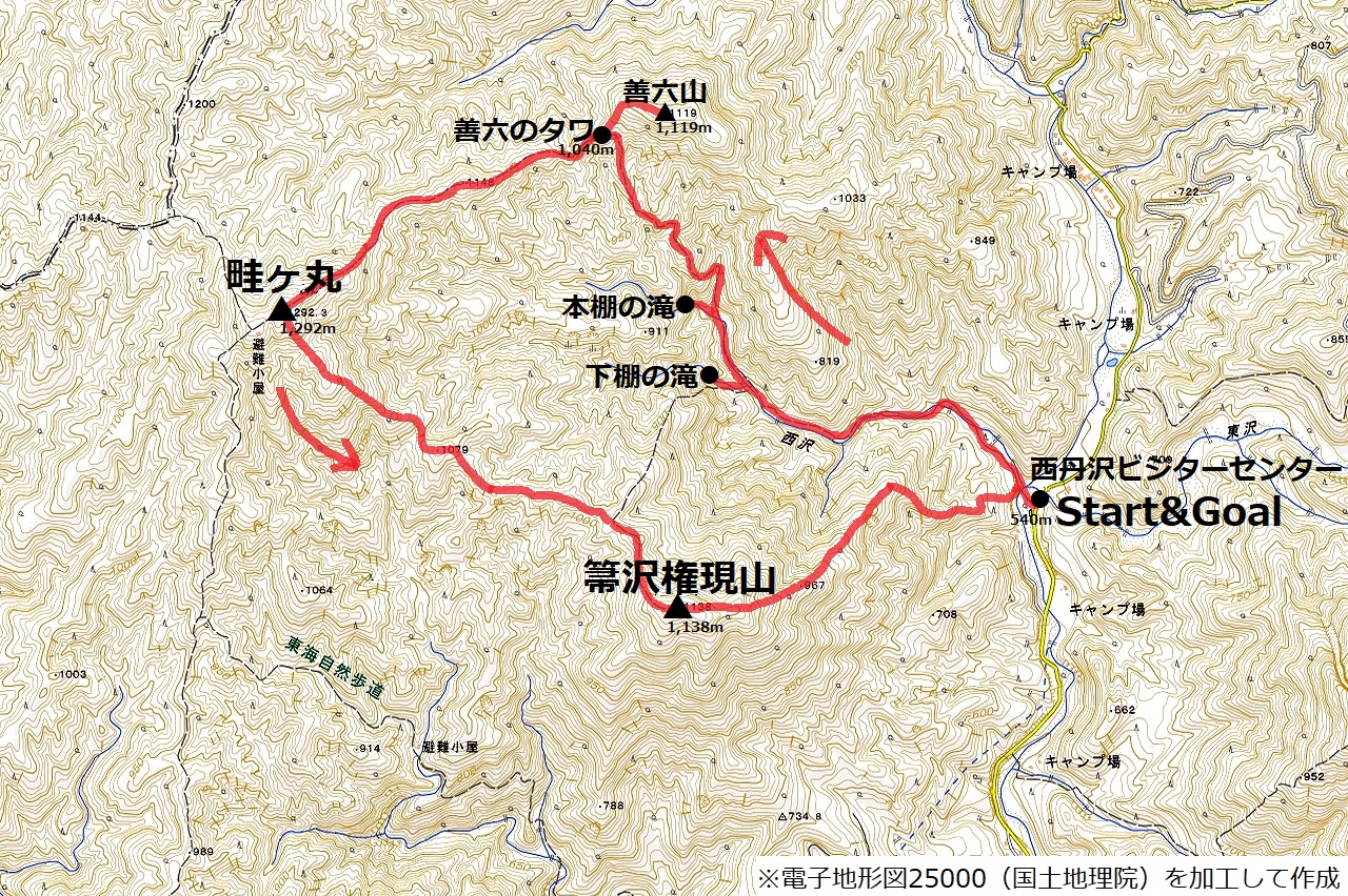 畦ヶ丸と箒沢権現山周回のコースマップ