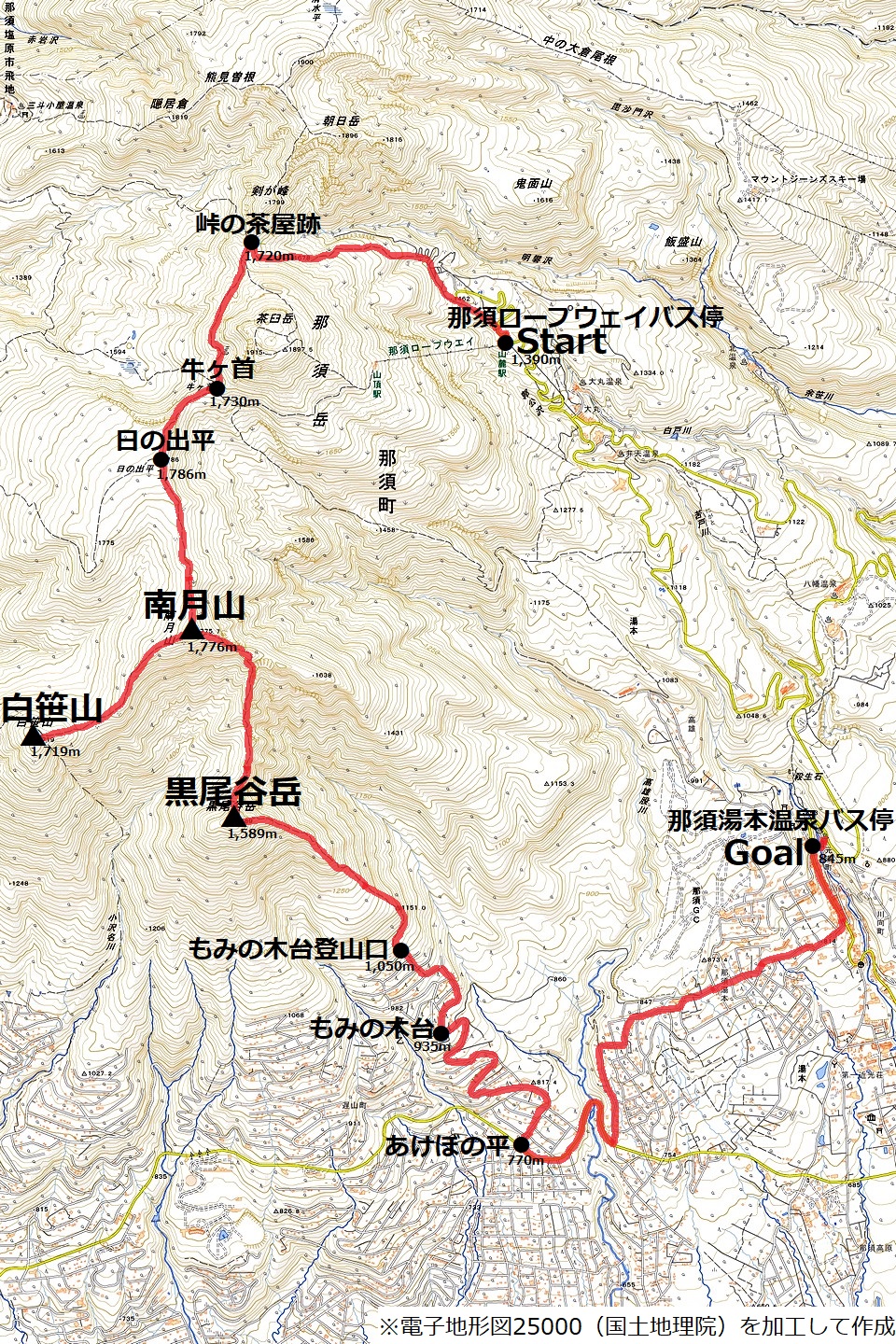 南月山-黒尾谷岳のコースマップ