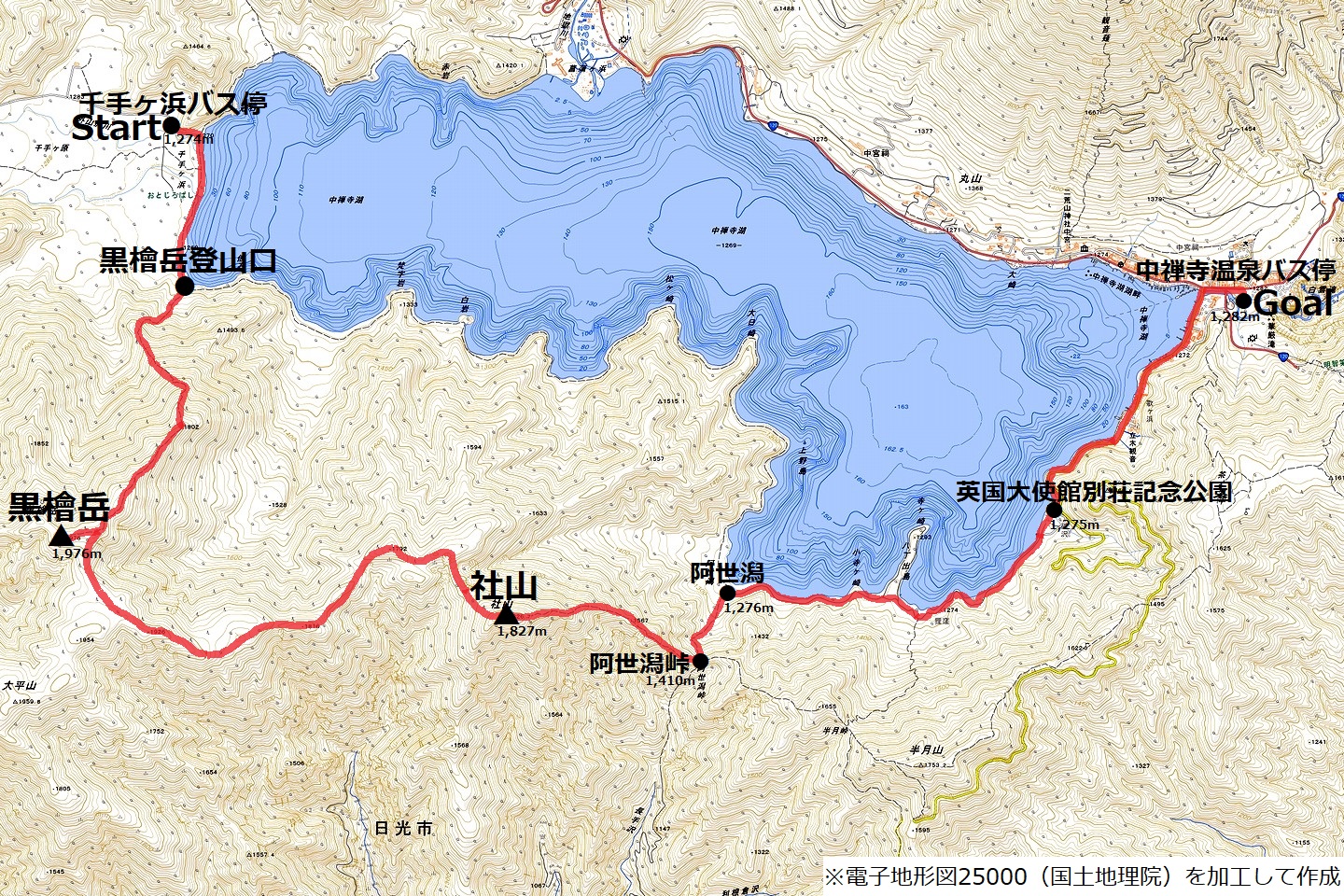 黒檜岳-社山縦走のコースマップ