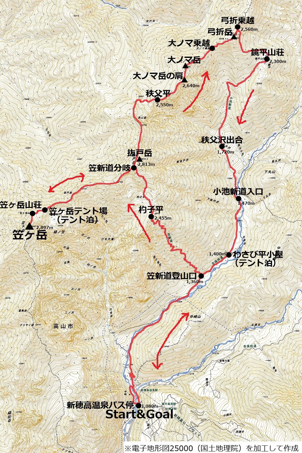 笠ヶ岳のコースマップ