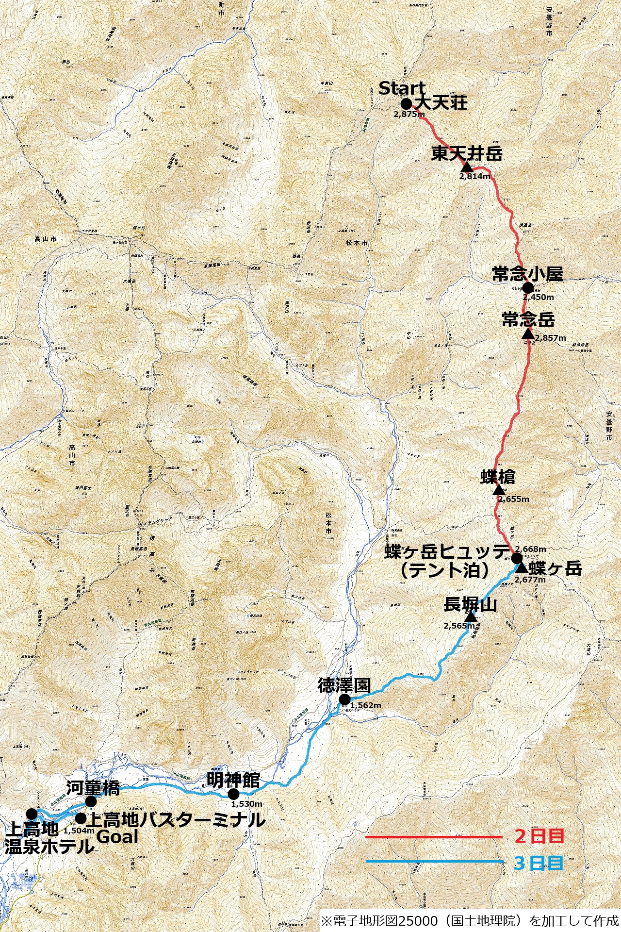 パノラマ銀座縦走のコースマップ