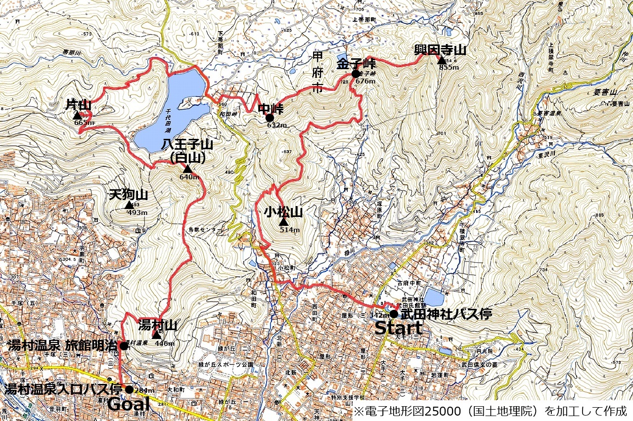 甲府駅周辺の甲府名山巡りコースマップ