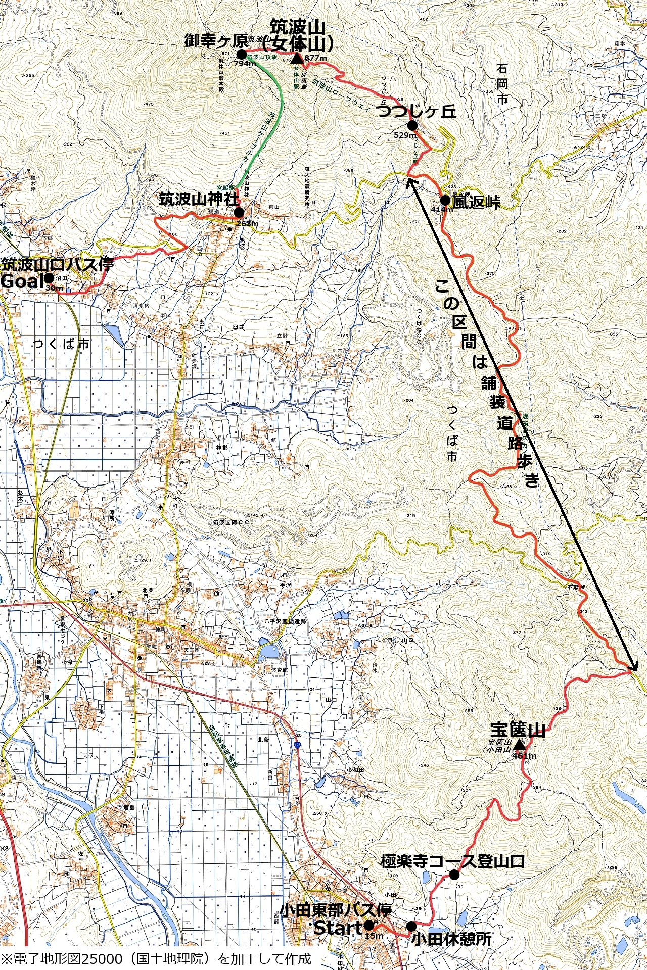 宝篋山筑波山縦走のコースマップ