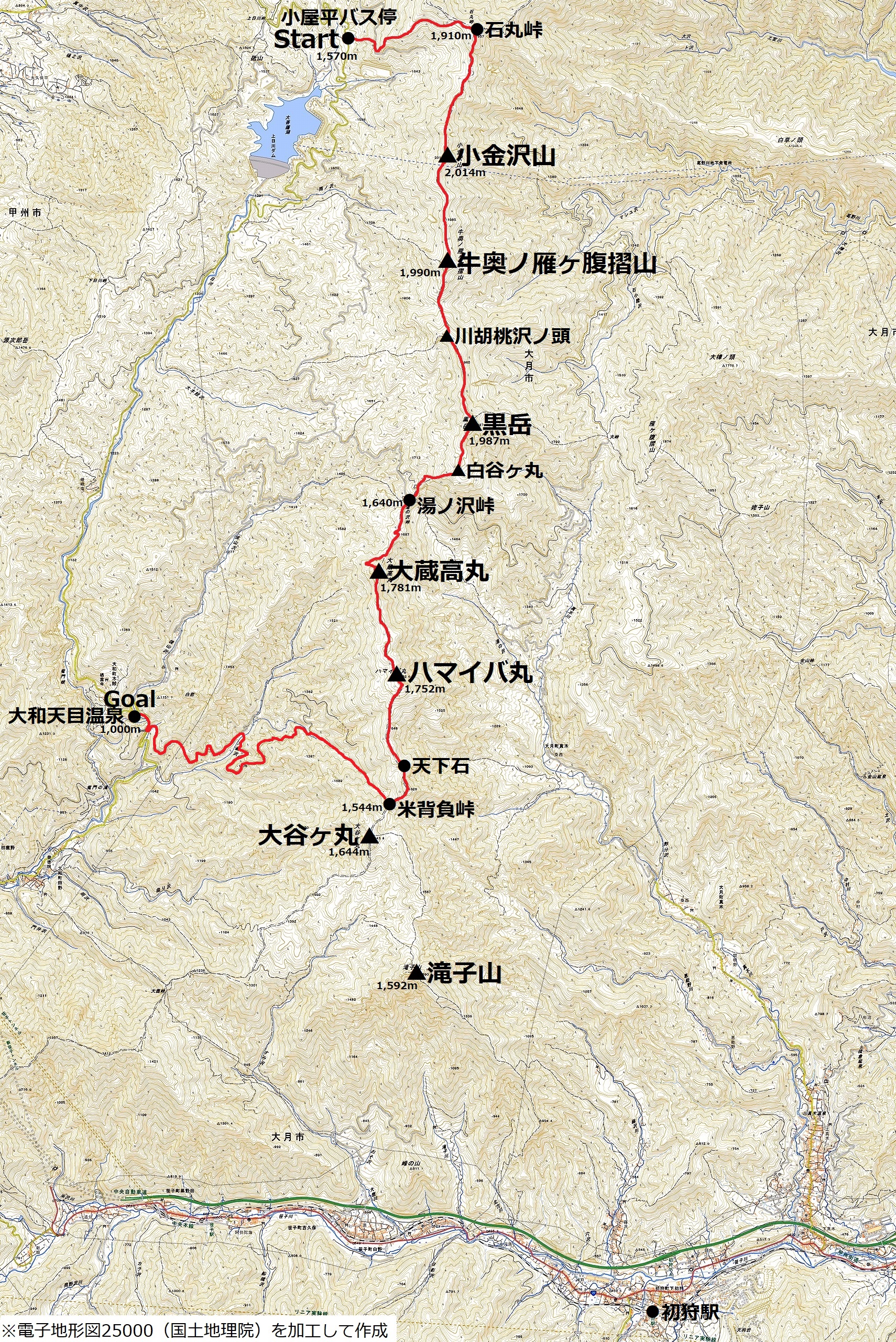 小金沢連嶺縦走のコースマップ