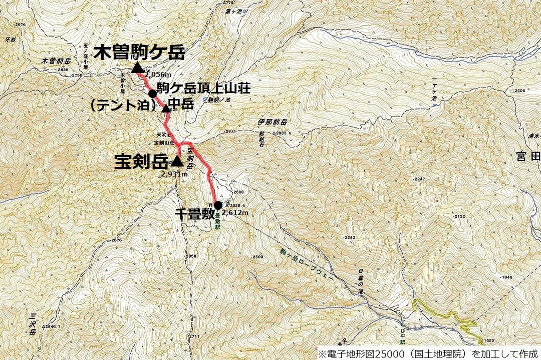 木曽駒ケ岳のコースマップ