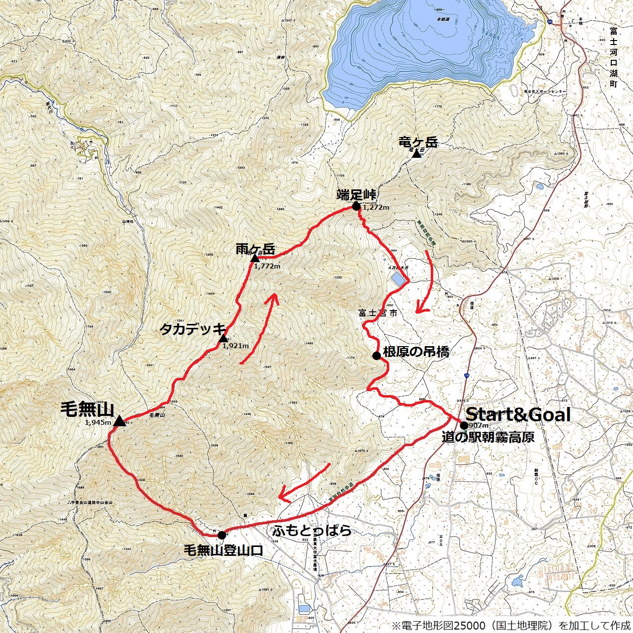 毛無山－雨ヶ岳縦走のコースマップ