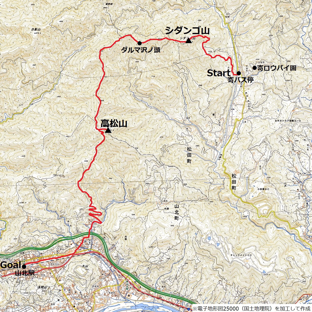 シダンゴ山－高松山のコースマップ