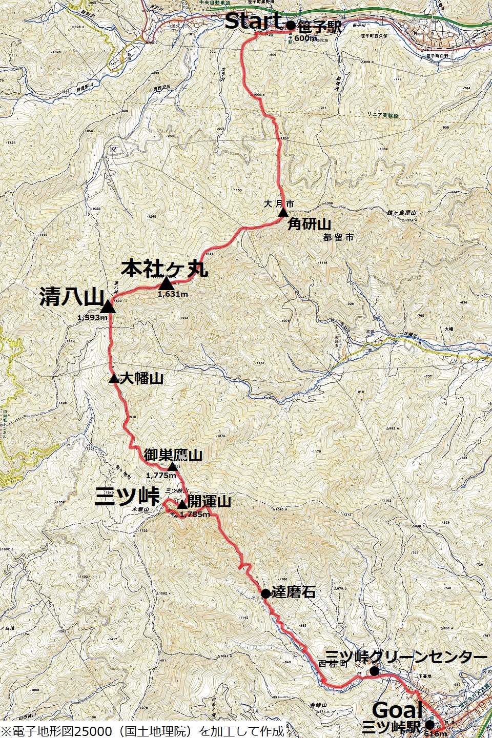 本社ヶ丸－三つ峠縦走のコースマップ