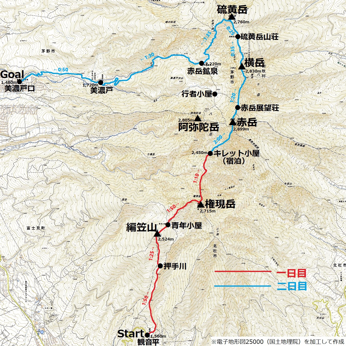 南八ヶ岳縦走のコースマップ