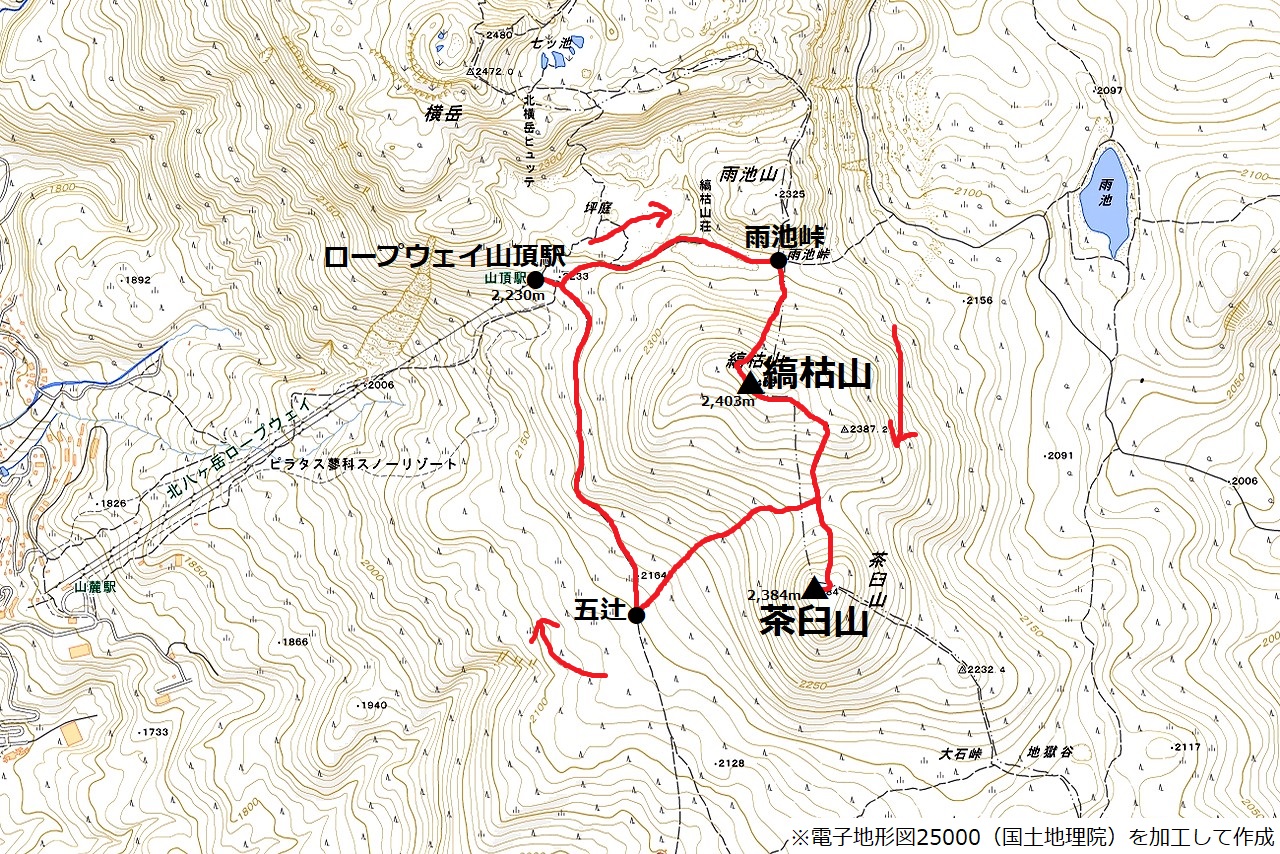 縞枯山　茶臼山の周回コースマップ