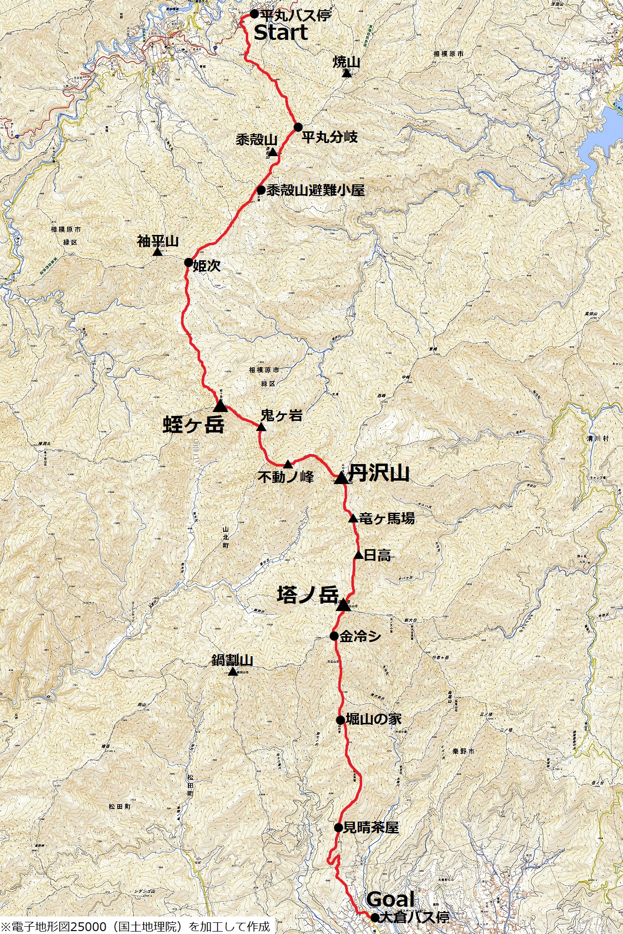 丹沢主脈ショート縦走のコースマップ