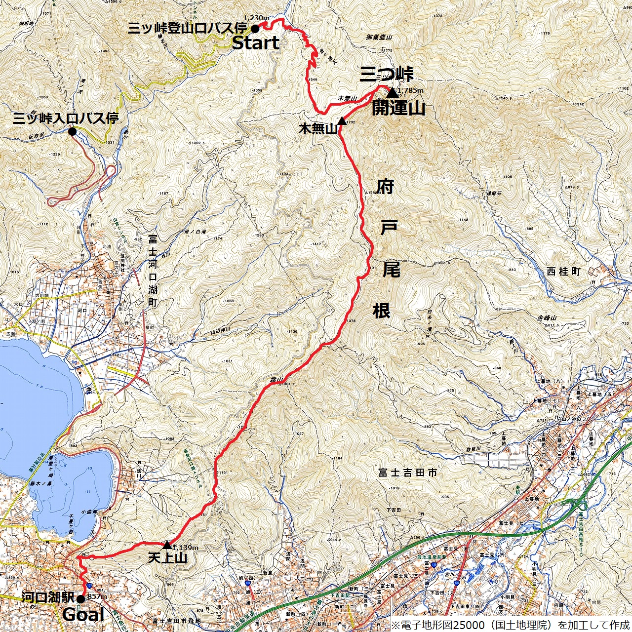 三ッ峠山のコースマップ