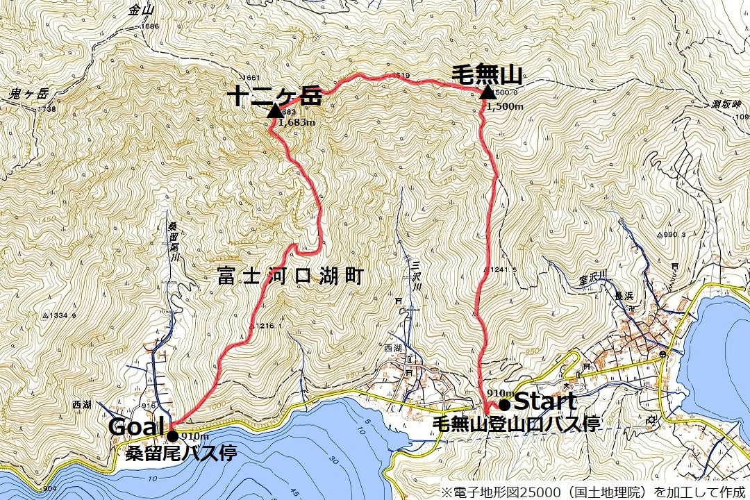 十二ヶ岳のコースマップ