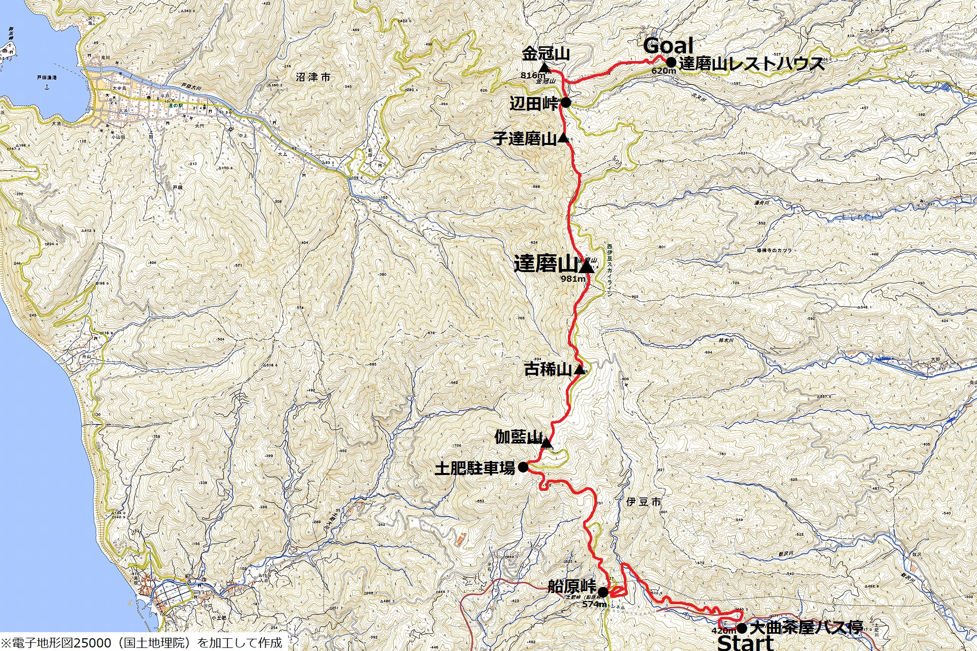 達磨山　大曲茶屋ルートのハイキングマップ