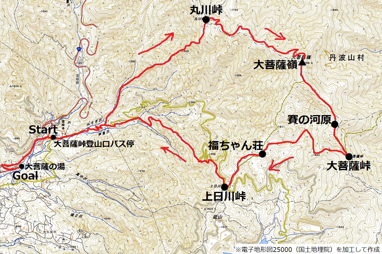 裂石温泉からの大菩薩嶺コースマップ