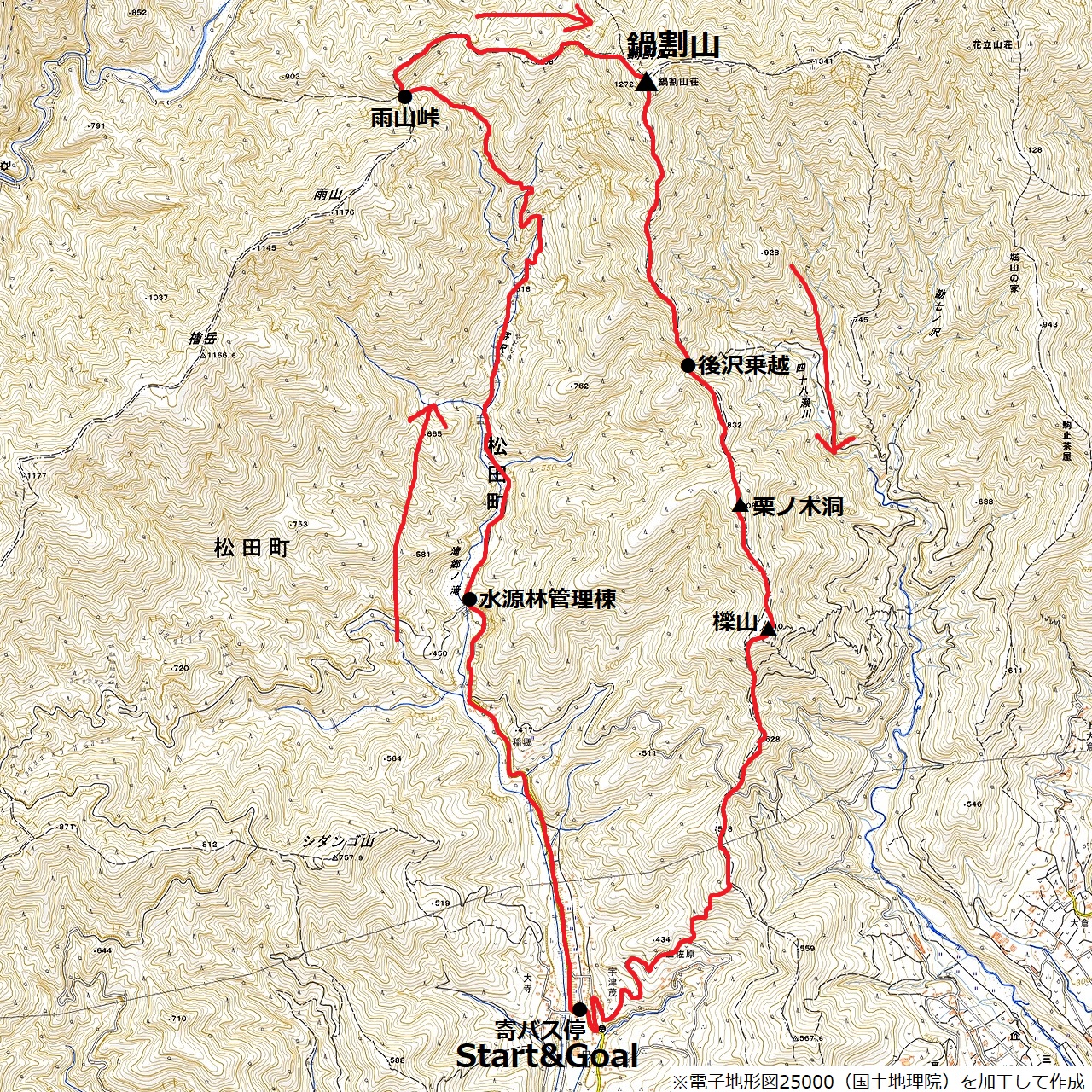鍋割山　雨山峠コースのマップ