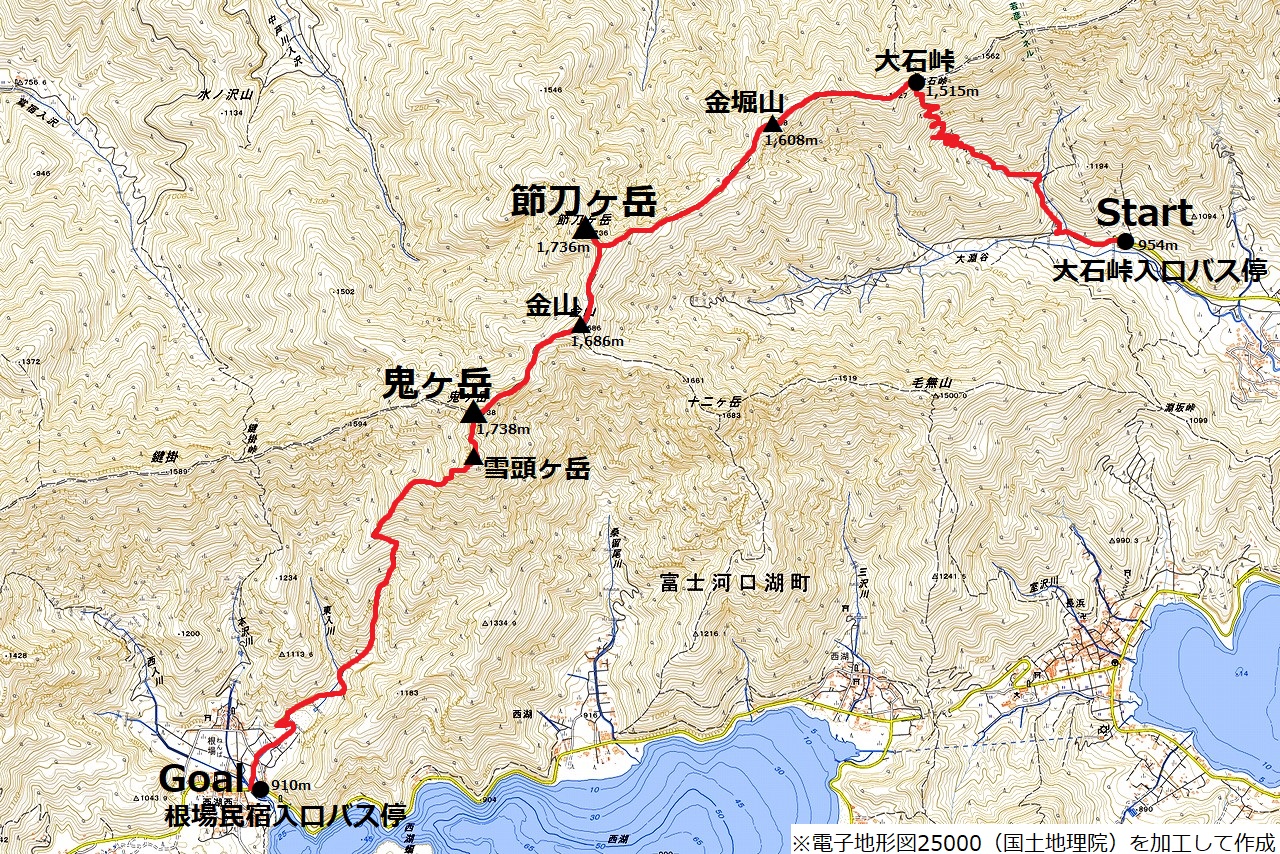 節刀ヶ岳－鬼ヶ岳縦走のコースマップ
