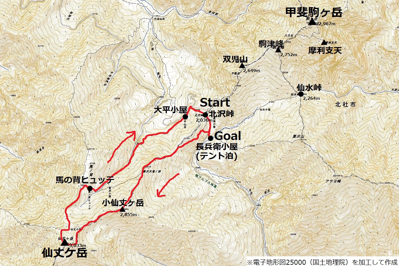 仙丈ケ岳のコースマップ